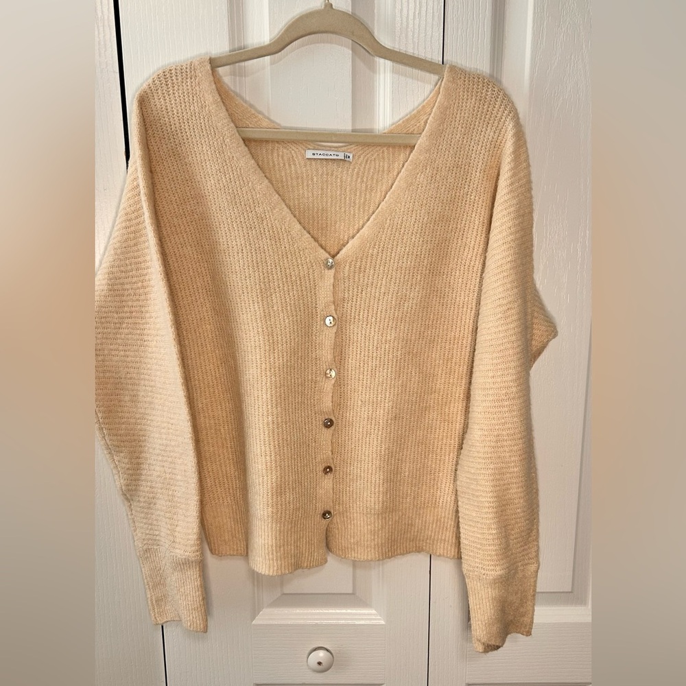 Staccato Women’s V-Neck Cream Cardigan Size Medium Button Up Knit Relaxed Fit
